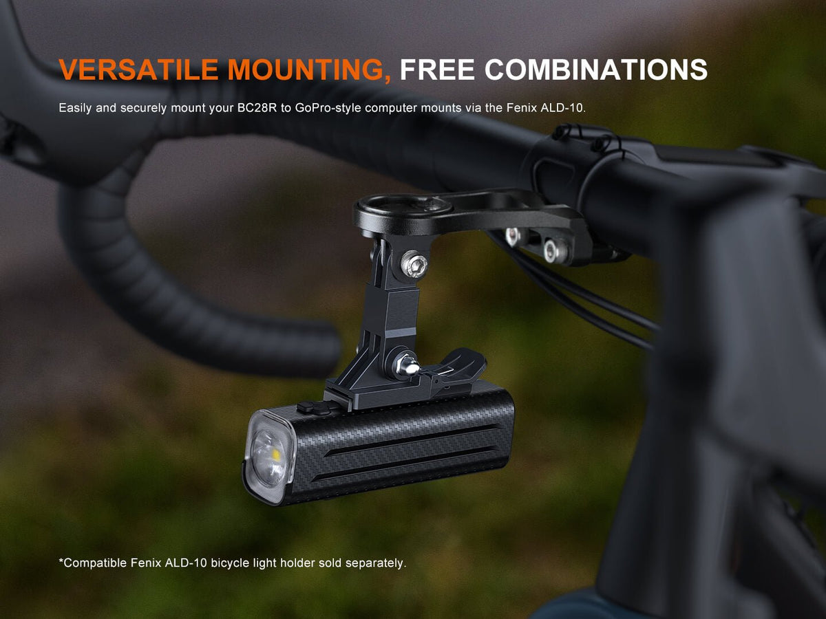 Fenix BC28R bike light head and tail combo in black carbon finish mounted on handlebars on Tampa Home & Garden Store