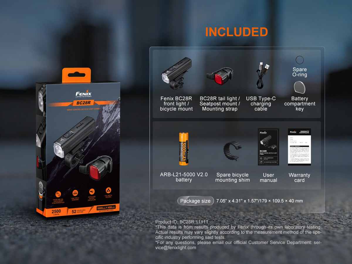Fenix BC28R bike light set (black) with front and tail lights, USB-C cable, battery, mounts on Tampa Home & Garden Store