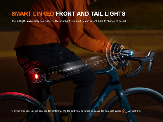 Fenix BC28R smart head and tail bike lights on blue road bike with front beam and rear glow on Tampa Home & Garden Store