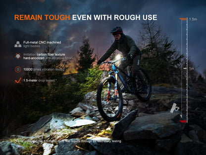 Bike light pair: Fenix BC28R smart head & tail lights on a rugged blue mountain bike on Tampa Home & Garden Store