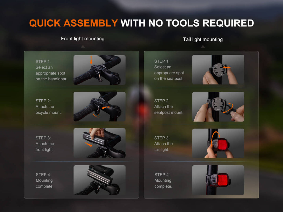 Fenix BC28R bike light set guide with front light on handlebars and rear on seatpost on Tampa Home & Garden Store