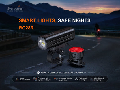 Fenix BC28R smart bike light combo with front headlight and rear taillight mounted on handlebar on Tampa Home & Garden Store