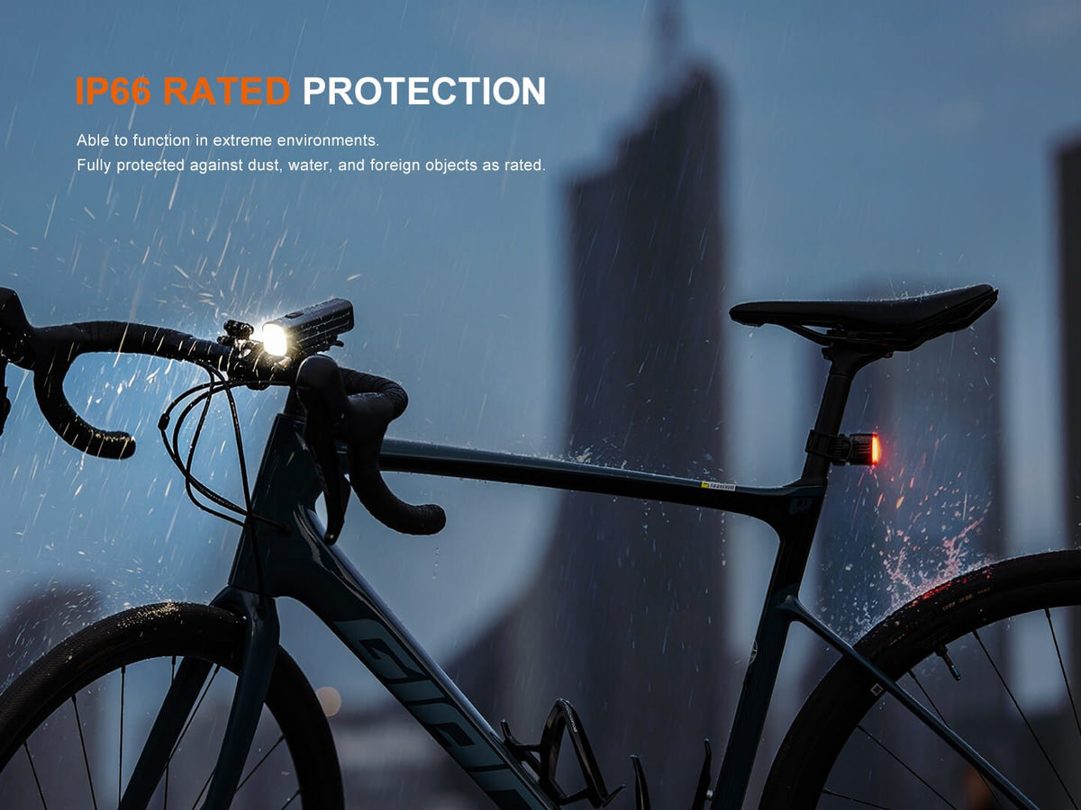 Fenix BC28R Smart Head & Tail Bike Light Combo front light and rear light on a rainy bike on Tampa Home & Garden Store