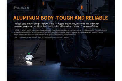 Fenix BC30 V2 LED Bike Light, black aluminum body and green button, beside tire backdrop on Tampa Home & Garden Store