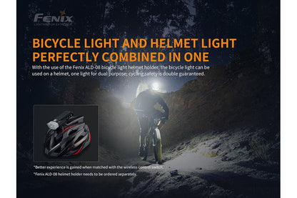 Fenix BC30 V2 bike light with helmet light combo, black helmet with front LED on a night trail on Tampa Home & Garden Store