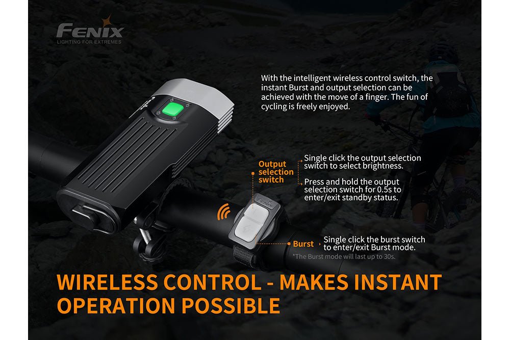 Fenix BC30 V2 LED bike light with wireless control switch mounted on handlebars on Tampa Home & Garden Store