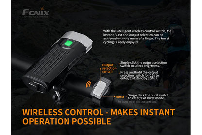 Fenix BC30 V2 LED bike light with wireless control switch mounted on handlebars on Tampa Home & Garden Store