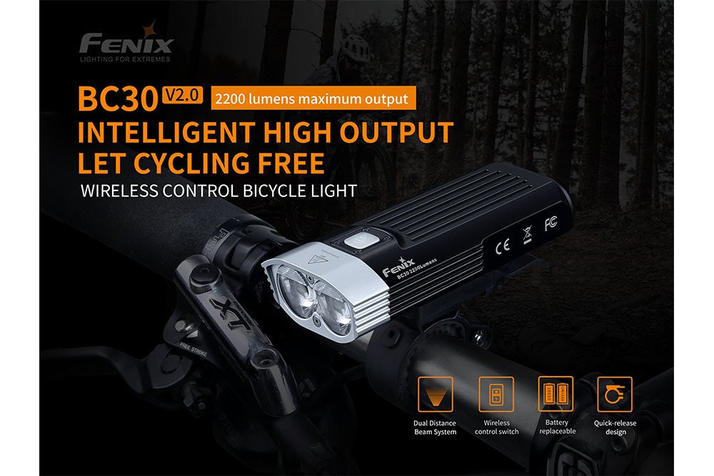 Fenix BC30 V2.0 bike light, black LED with 2200 lumens and wireless control on handlebars on Tampa Home & Garden Store