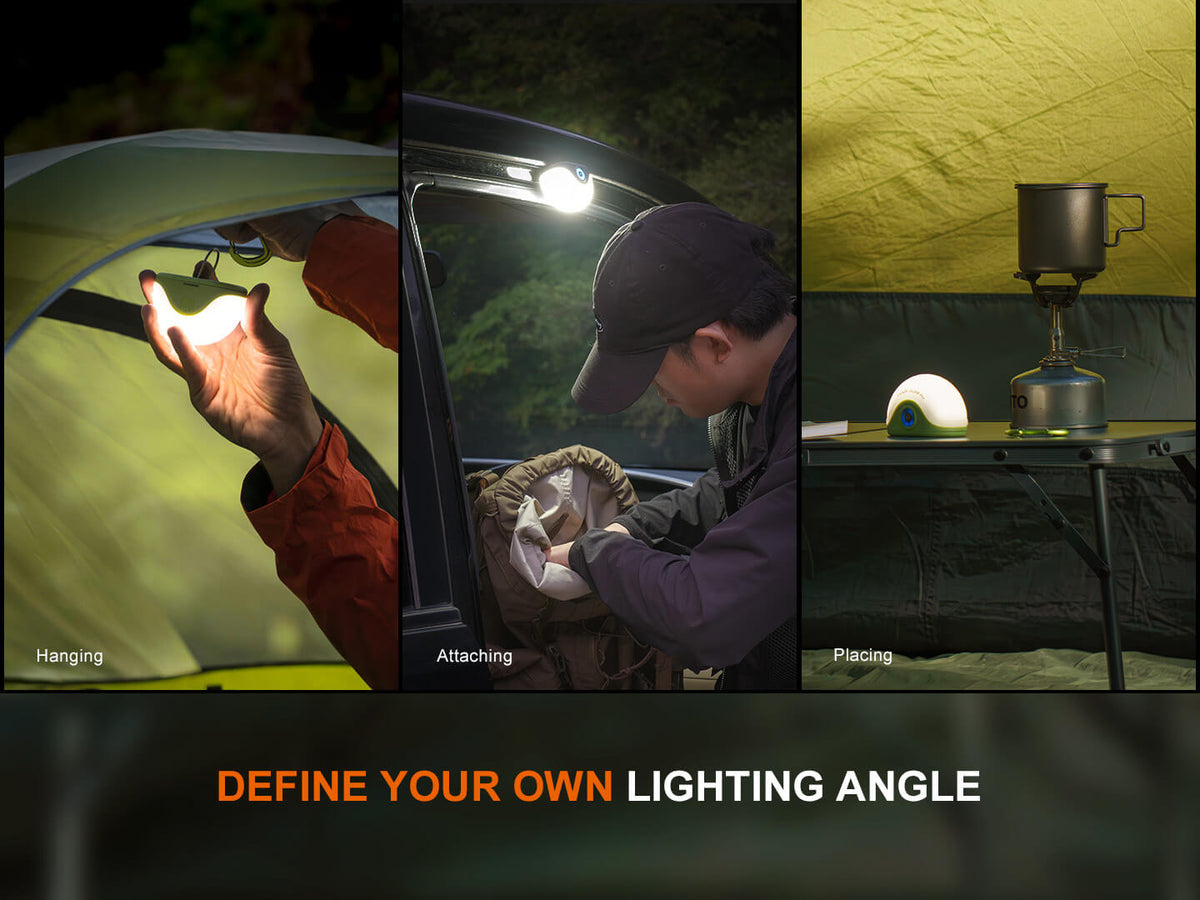 CL20R Pro multicolor camping lantern by Fenix Store shown in hanging, attaching and placing on Tampa Home & Garden Store