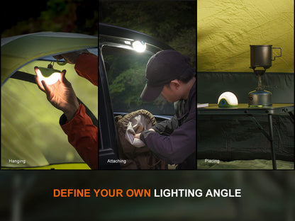 CL20R Pro multicolor camping lantern by Fenix Store shown in hanging, attaching and placing on Tampa Home & Garden Store