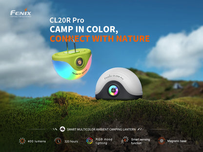 CL20R Pro multicolor camping lantern, lime hanging and white base with rainbow LEDs, Fenix Store on Tampa Home & Garden Store