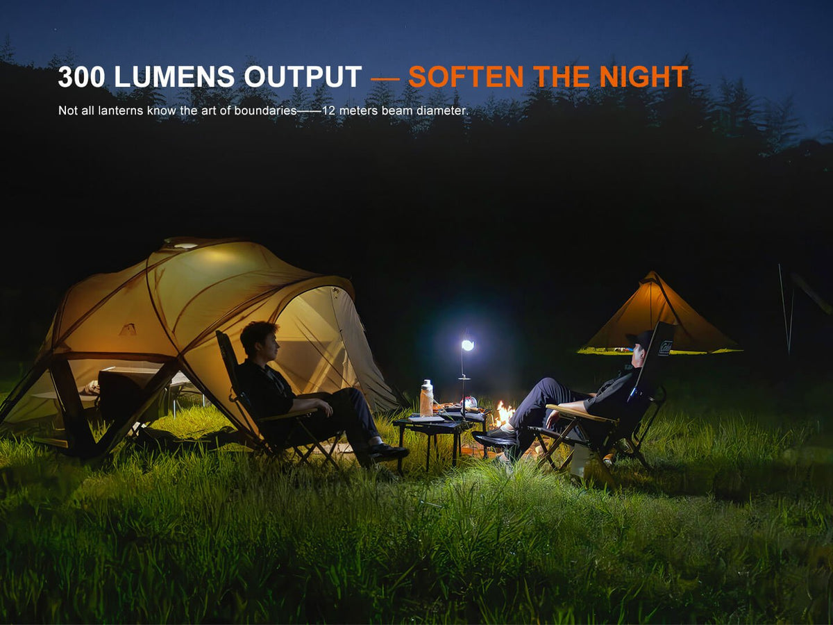 Fenix CL20R V2 Multicolor Camping Lantern illuminating a nighttime campsite with tents on Tampa Home & Garden Store