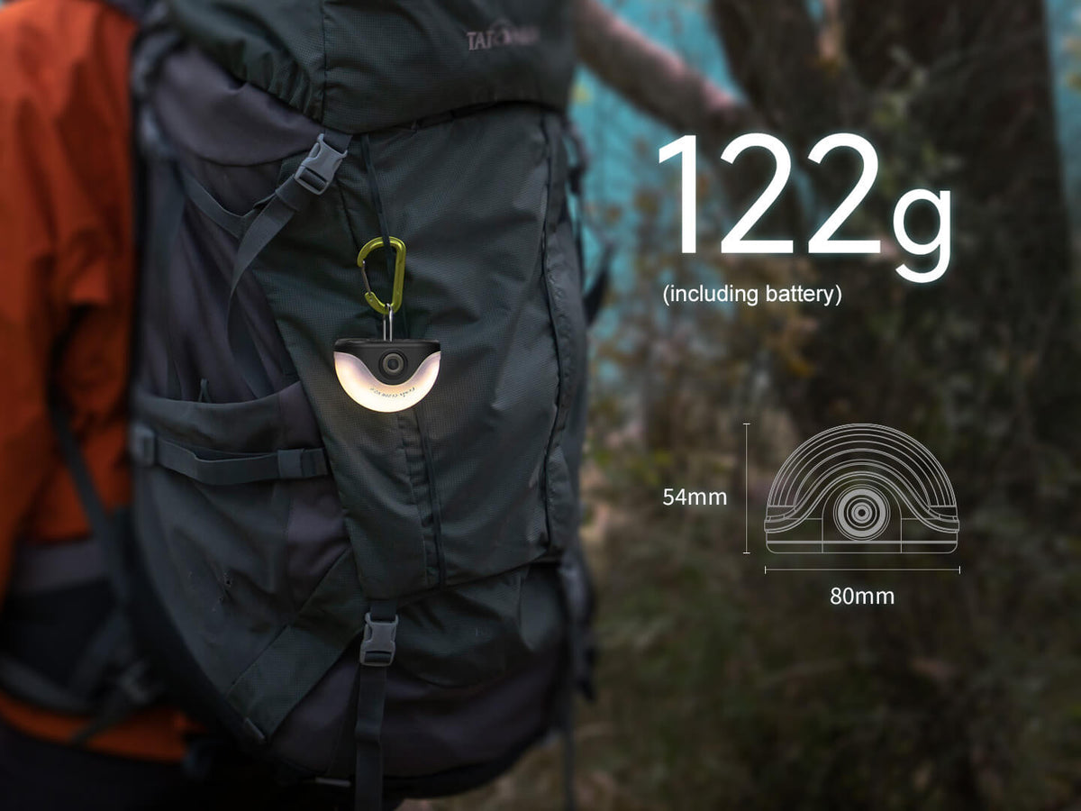 Fenix CL20R V2 multicolor camping lantern hanging from backpack via carabiner, 54mm x 80mm on Tampa Home & Garden Store