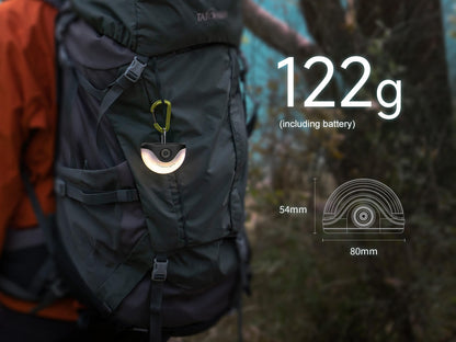 Fenix CL20R V2 multicolor camping lantern hanging from backpack via carabiner, 54mm x 80mm on Tampa Home & Garden Store