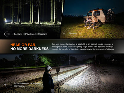 Fenix CL27R Outdoor Lantern shows spot and flood modes across forest and rail yard by Fenix Store on Tampa Home & Garden Store