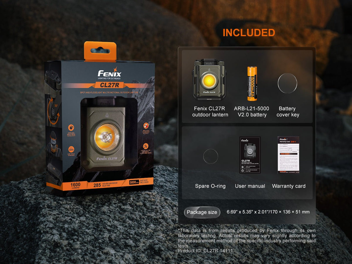 Fenix CL27R outdoor lantern in retail box with orange top and included 5000mAh battery on Tampa Home & Garden Store