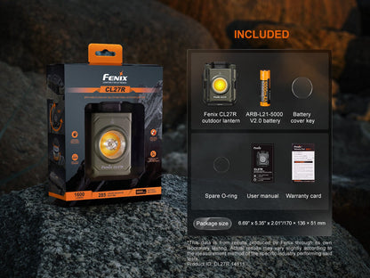 Fenix CL27R outdoor lantern in retail box with orange top and included 5000mAh battery on Tampa Home & Garden Store