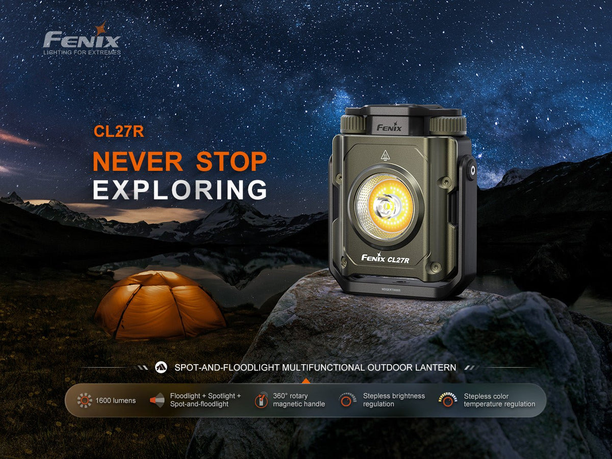 Fenix CL27R lantern with olive-green body and bright LED spotlight for camping on Tampa Home & Garden Store