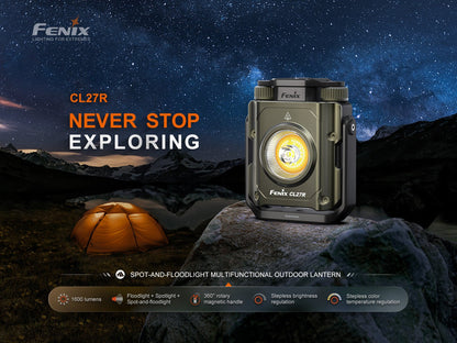 Fenix CL27R lantern with olive-green body and bright LED spotlight for camping on Tampa Home & Garden Store