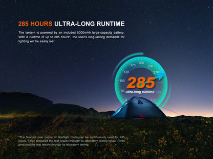 Fenix CL27R lantern in starry night camping scene with tent and teal dial 285 hours ultra-long runtime on Tampa Home & Garden Store