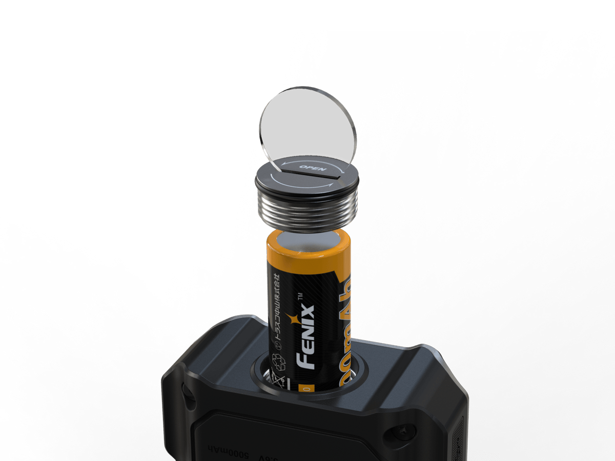 Fenix CL27R lantern with open lid, exposed threaded neck and orange Fenix battery inside base on Tampa Home & Garden Store