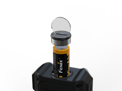 Fenix CL27R lantern with open lid, exposed threaded neck and orange Fenix battery inside base on Tampa Home & Garden Store