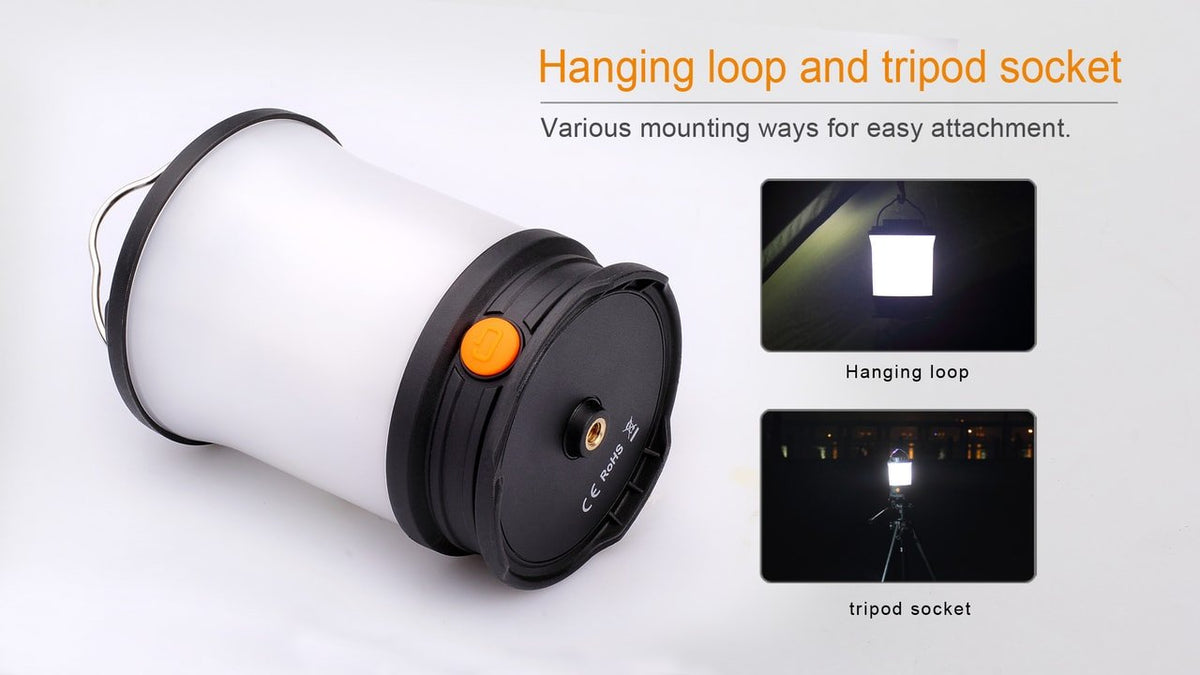 Fenix CL30R LED lantern orange button, hanging loop and tripod socket on Tampa Home & Garden Store