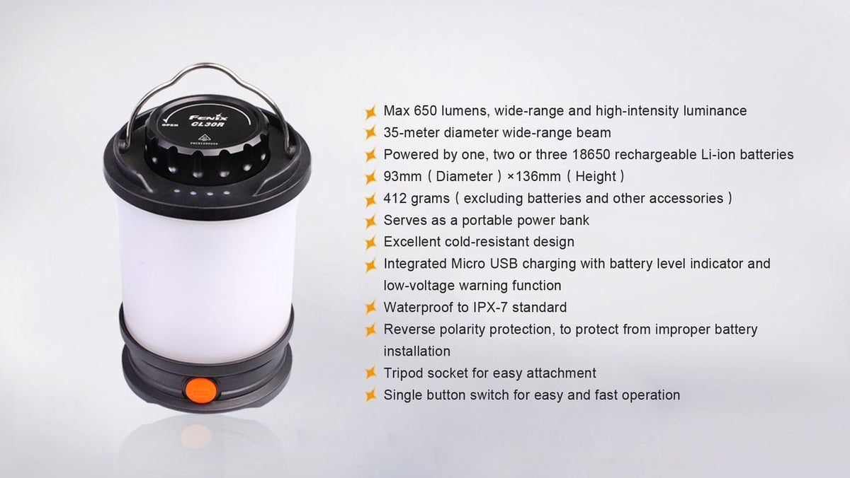 Fenix CL30R LED camping lantern with white diffuser, black top, orange power button on Tampa Home & Garden Store
