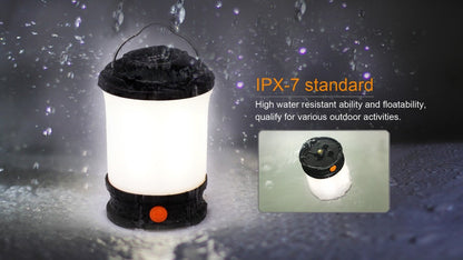 Fenix CL30R LED camping lantern with black top, white glow, orange power button Fenix Store on Tampa Home & Garden Store