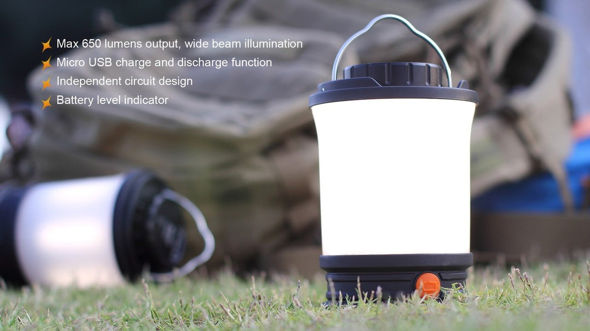 Fenix CL30R LED camping lantern with white glow and orange base on Tampa Home & Garden Store