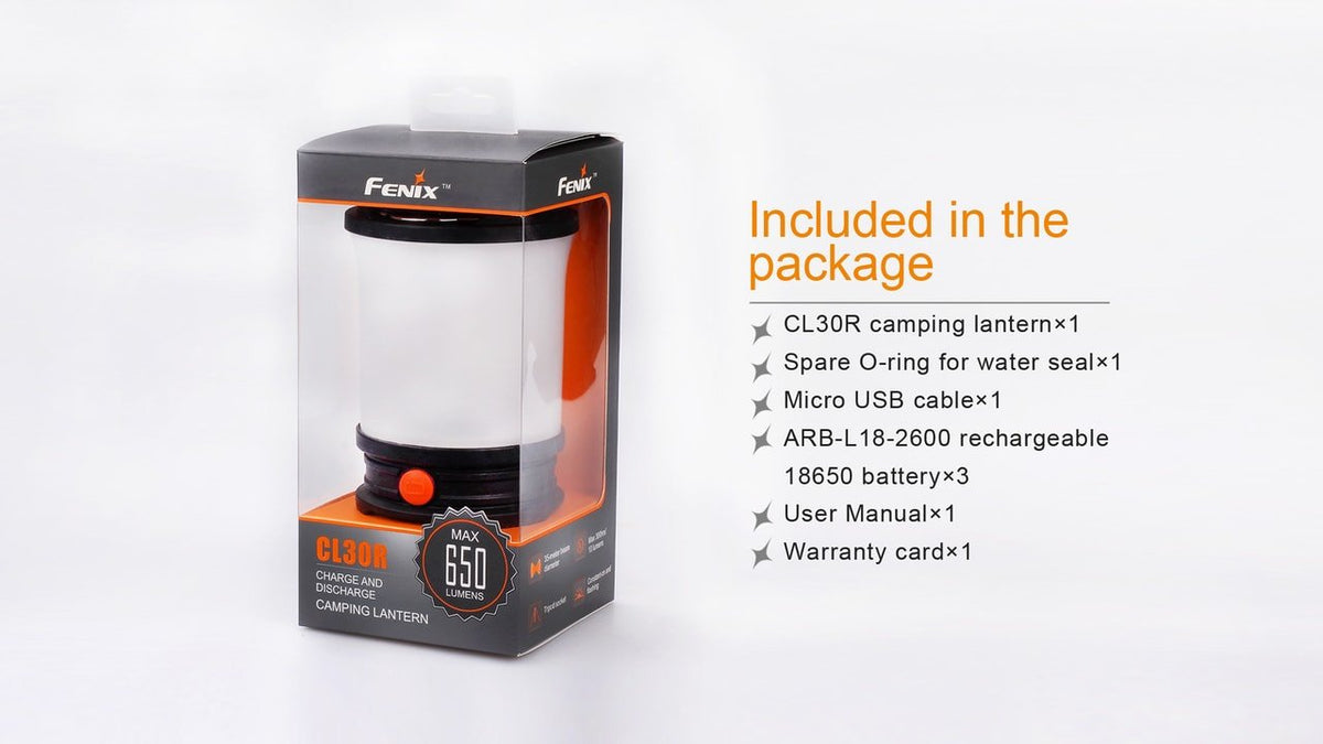 Fenix CL30R LED camping lantern in box with orange accents and black base, 650 lumens on Tampa Home & Garden Store