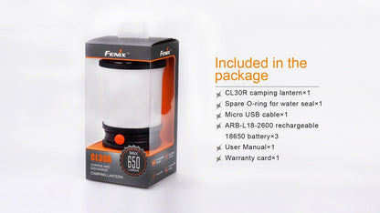 Fenix CL30R LED camping lantern in box with orange accents and black base, 650 lumens on Tampa Home & Garden Store