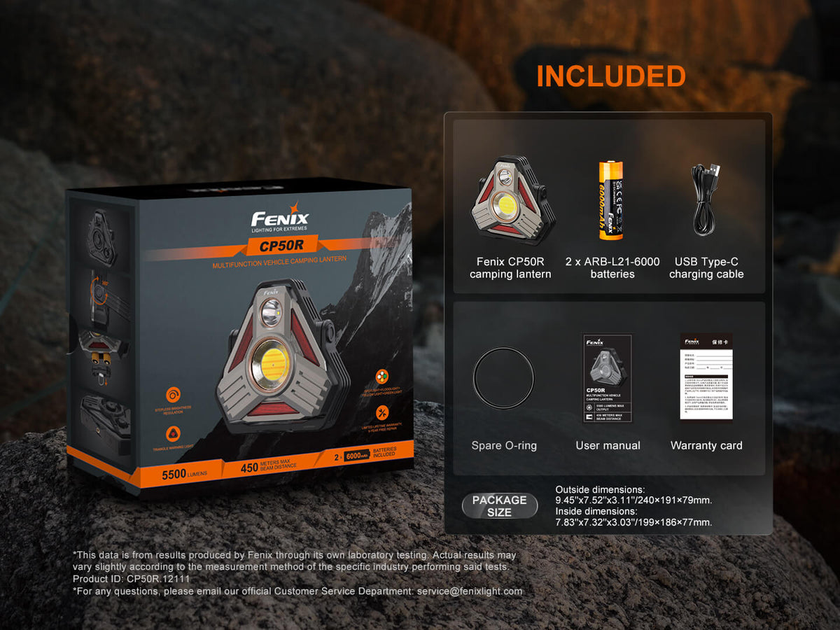 Fenix CP50R lantern box with included 2 batteries, USB-C cable, spare O-ring, manual on Tampa Home & Garden Store