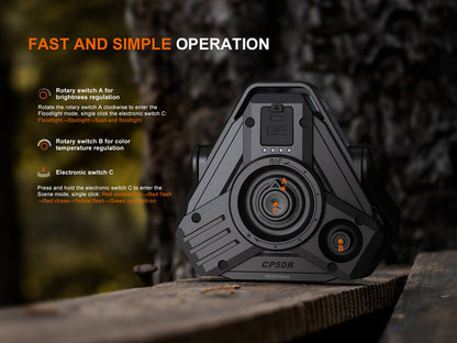 Fenix CP50R lantern, rugged black-gray body with orange controls, camping lanterns on Tampa Home & Garden Store