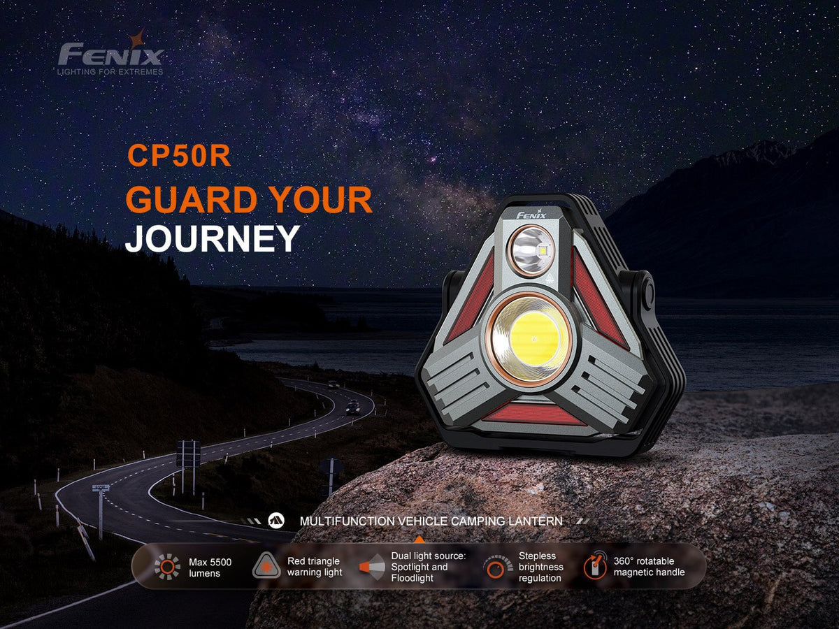 Fenix CP50R Road Hazard Camping Lantern with triangular rugged body and dual LEDs on Tampa Home & Garden Store