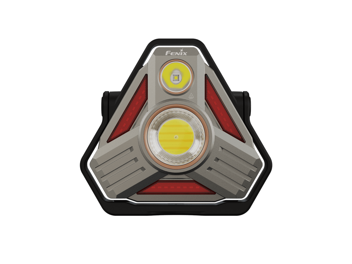 Fenix CP50R lantern road hazard triangular gray body with red side panels and bright yellow LED on Tampa Home & Garden Store