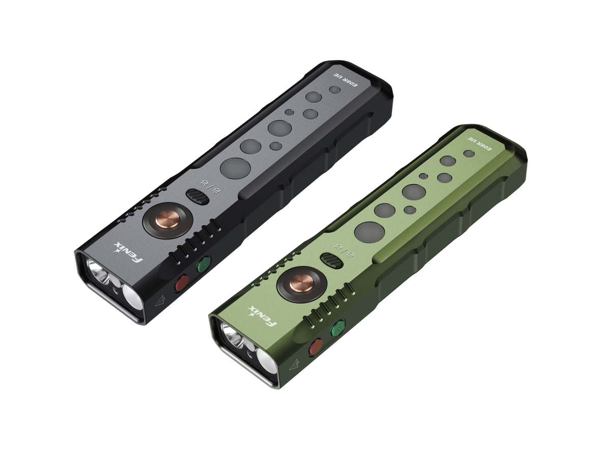Fenix E08R UE multi-light EDC flashlights 2-pack in black and olive green on Tampa Home & Garden Store
