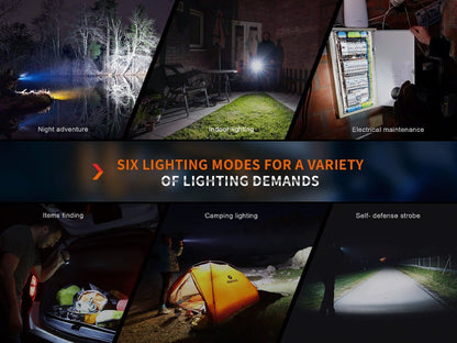 Fenix E35R EDC flashlight collage with six lighting modes for night, indoor, camping on Tampa Home & Garden Store