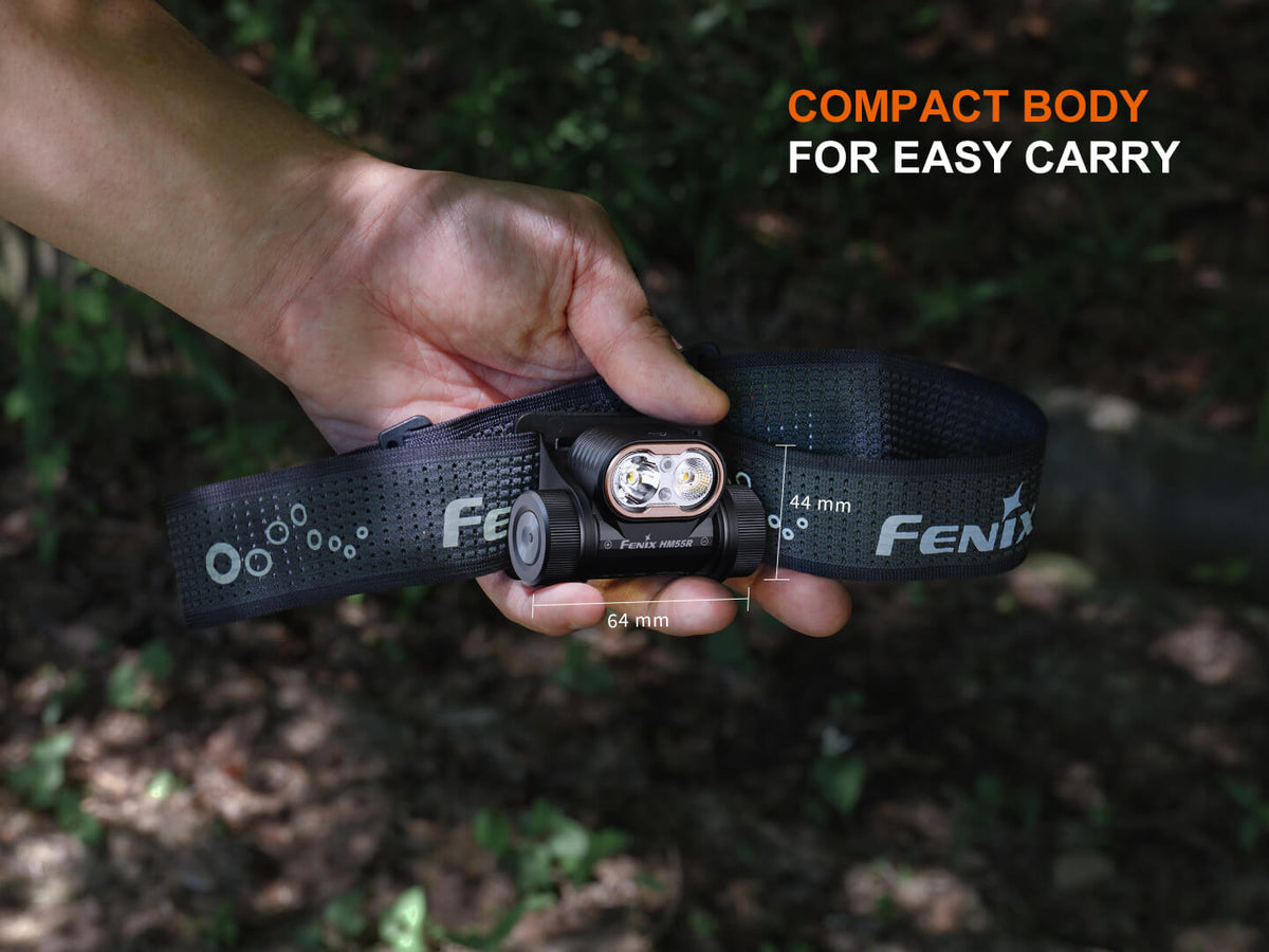 Fenix HM55R headlamp with dual LEDs and compact black body on an adjustable strap on Tampa Home and Garden Store