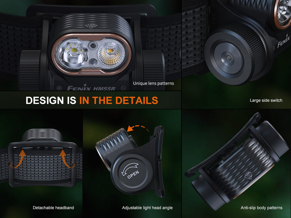 Fenix HM55R headlamp front view with orange trim, adjustable headband on Tampa Home & Garden Store