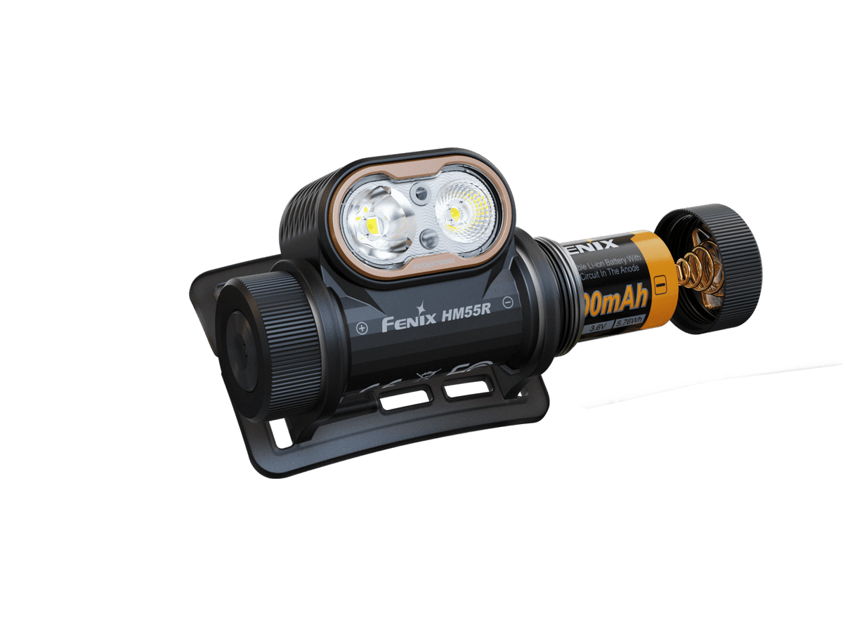 Fenix HM55R headlamp with dual LEDs and orange Li-ion battery, black compact body on Tampa Home & Garden Store