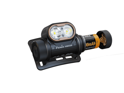 Fenix HM55R headlamp with dual LEDs and orange Li-ion battery, black compact body on Tampa Home & Garden Store