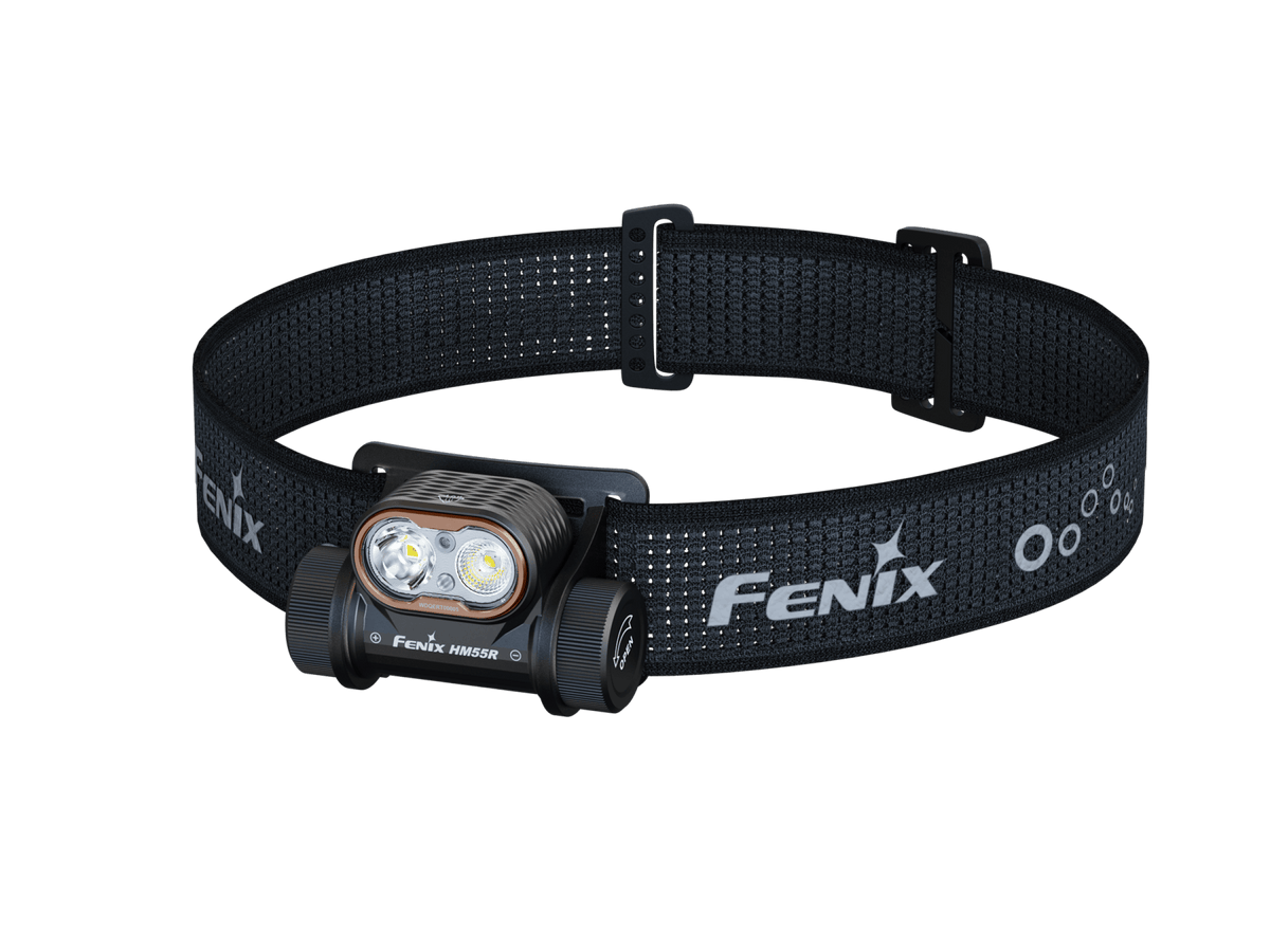 Fenix HM55R headlamp with dual LEDs on a black, adjustable headband on Tampa Home & Garden Store