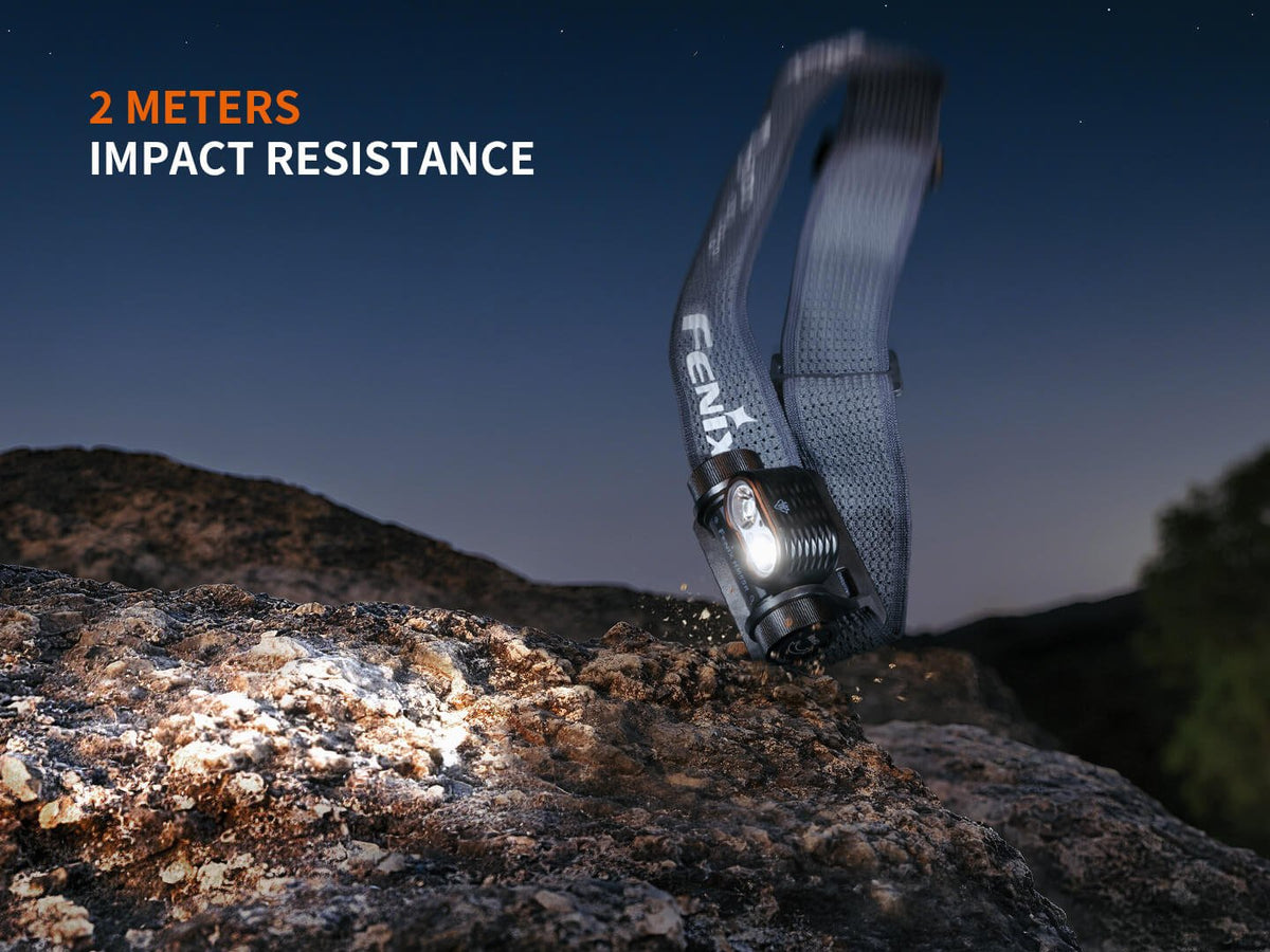 Fenix HM55R headlamp with adjustable strap on rocky night ascent, 2 meters impact resistance on Tampa Home & Garden Store