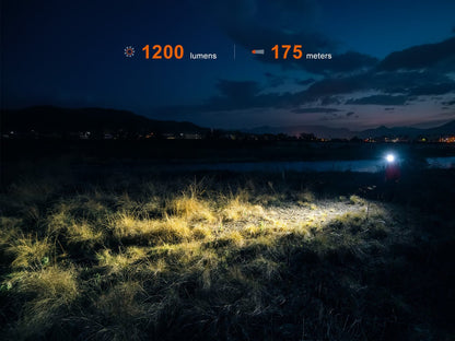 Fenix HM55R headlamp, lightweight multi-LED, 1200 lumens, worn by a person lighting a field on Tampa Home & Garden Store