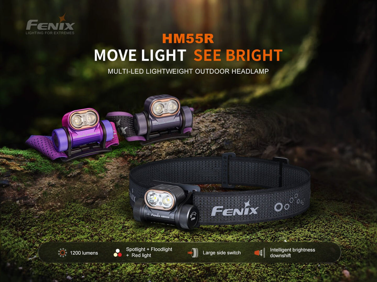Fenix HM55R headlamp trio in purple and black with adjustable straps on a mossy forest floor on Tampa Home & Garden Store