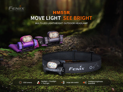 Fenix HM55R headlamp trio in purple and black with adjustable straps on a mossy forest floor on Tampa Home & Garden Store