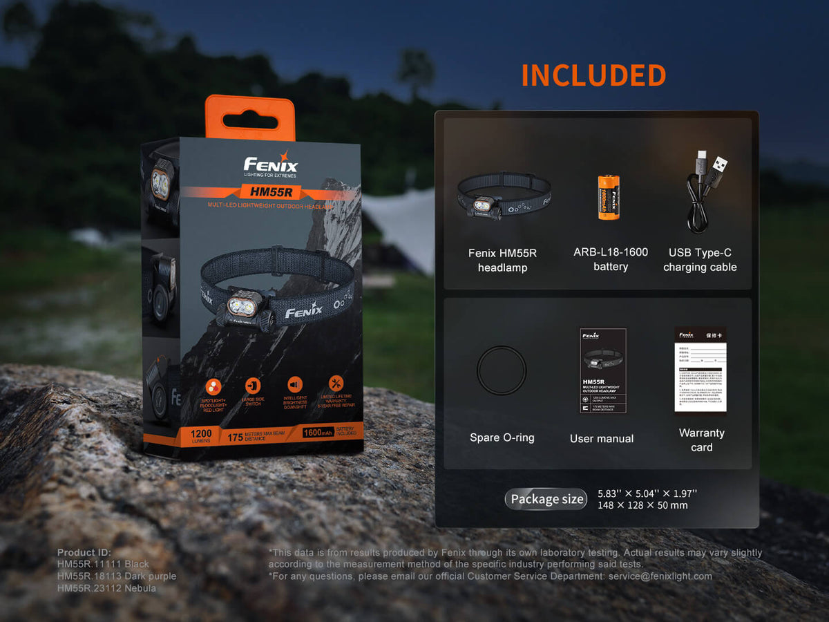 Fenix HM55R headlamp on orange/black box with adjustable strap includes ARB-L18-1600 battery on Tampa Home & Garden Store