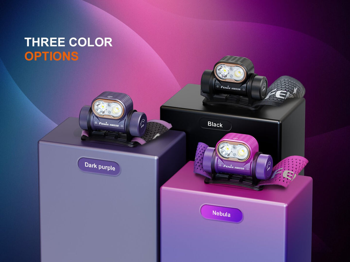 Headlamp Fenix HM55R lightweight multi-LED with black, dark purple, nebula colors on blocks on Tampa Home & Garden Store