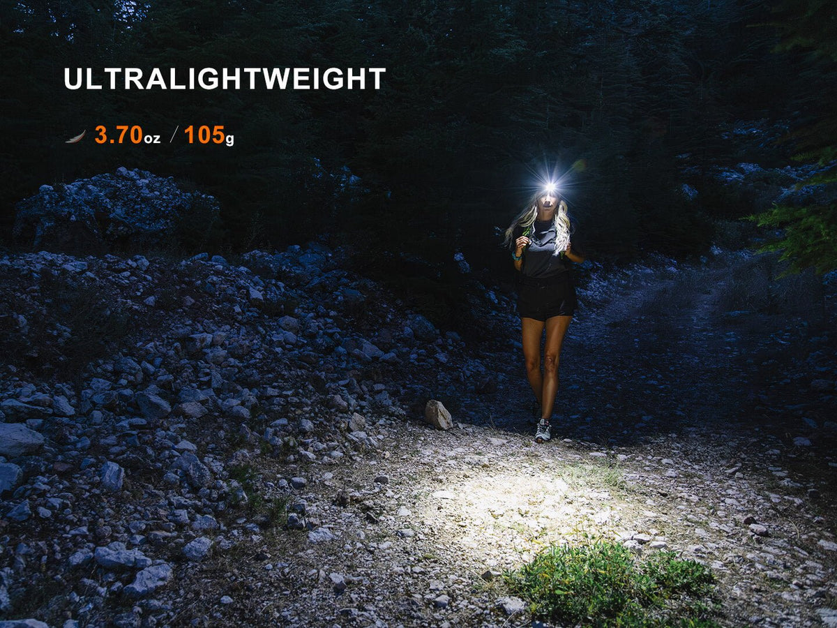 Fenix HM55R lightweight multi-LED headlamp worn by a hiker on a rocky night trail, beam forward on Tampa Home & Garden Store